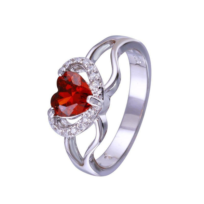 Rhodium Plated 925 Sterling Silver Heart Red and Clear CZ Ring - BGR01344