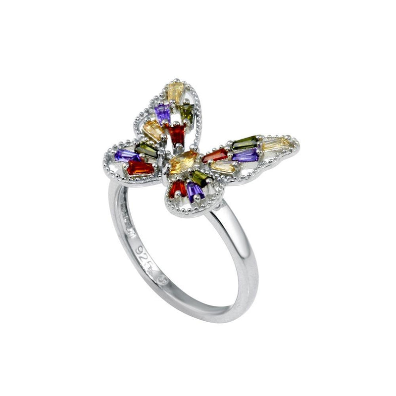 Rhodium Plated 925 Sterling Silver Multi Color Baguette CZ Butterfly Ring - BGR01345