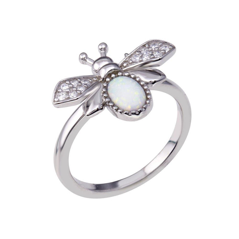 Rhodium Plated 925 Sterling Silver Simulated Opal Bee Ring - BGR01355