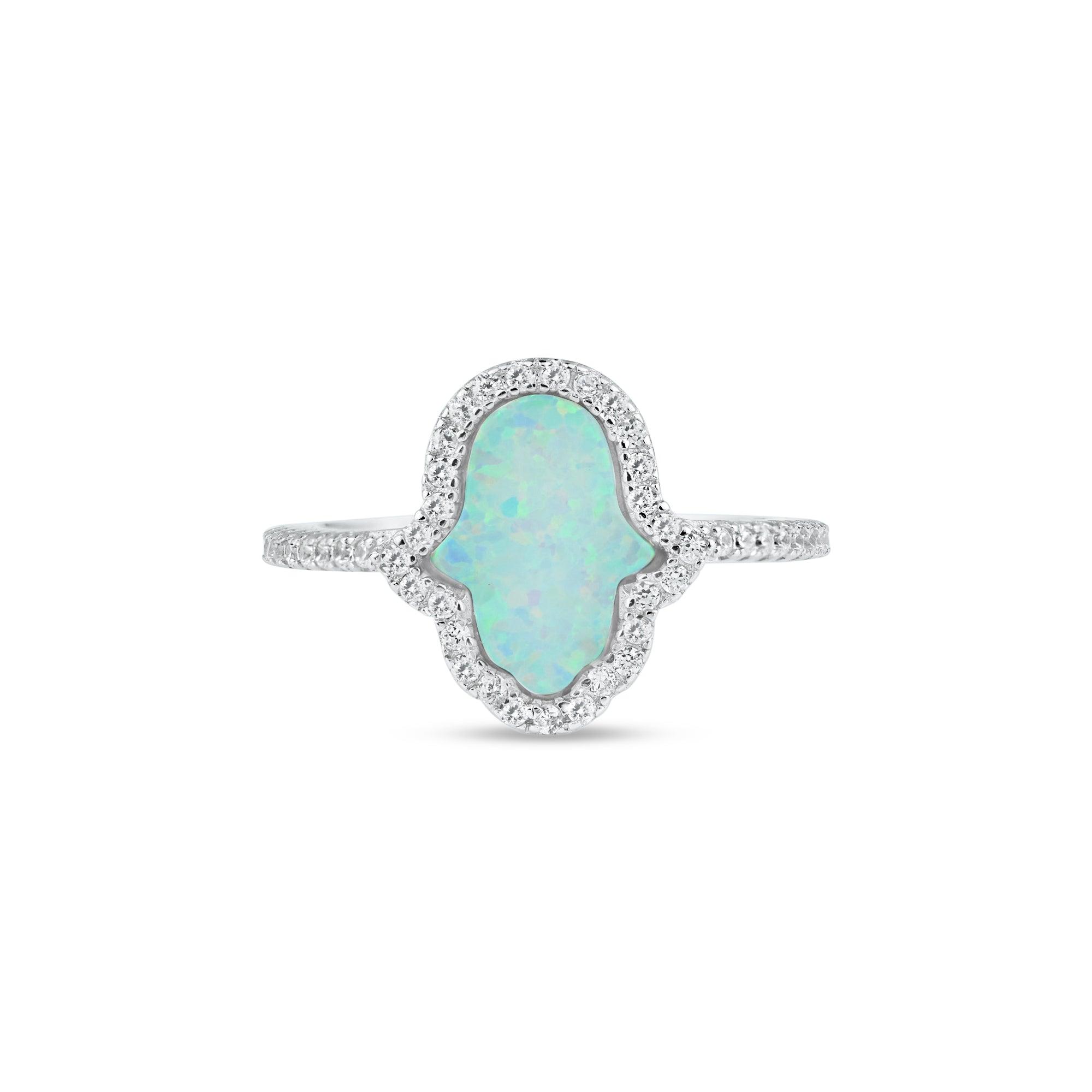 Rhodium Plated 925 Sterling Silver Hamsa Opal CZ Ring - BGR01356 | Silver Palace Inc.
