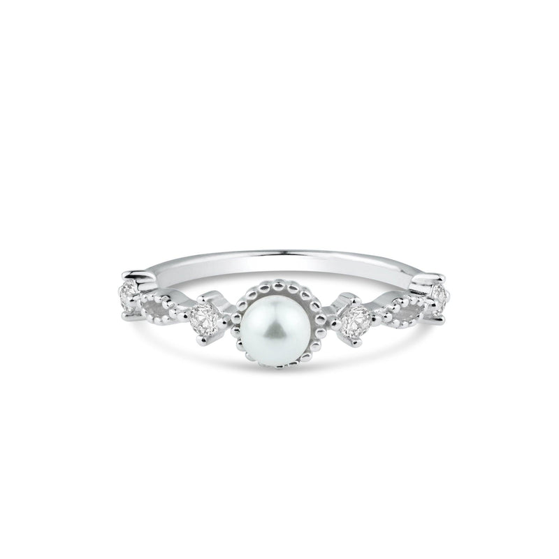 925 Sterling Silver Rhodium Plated Synthetic Pearl Center Clear CZ Ring - BGR01357 | Silver Palace Inc.