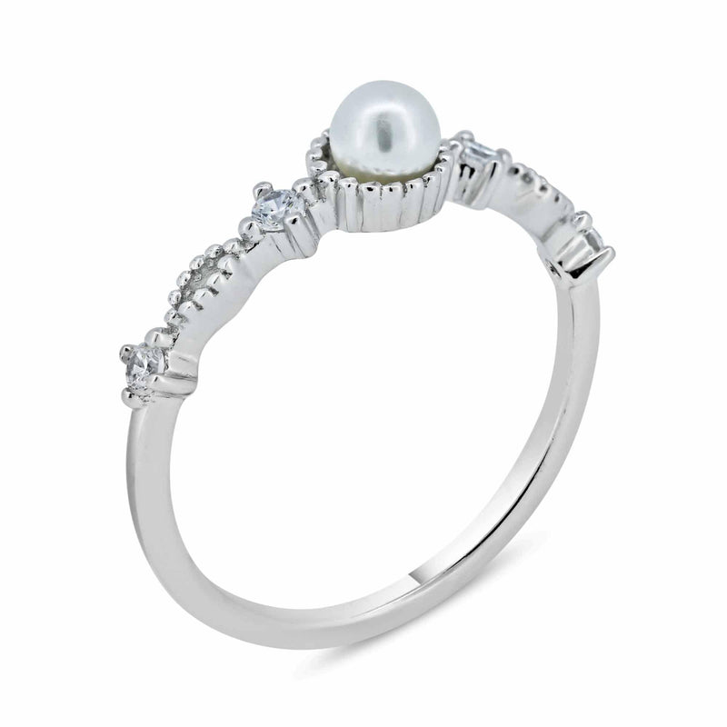 Rhodium Plated 925 Sterling Silver Synthetic Pearl Center Clear CZ Ring - BGR01357
