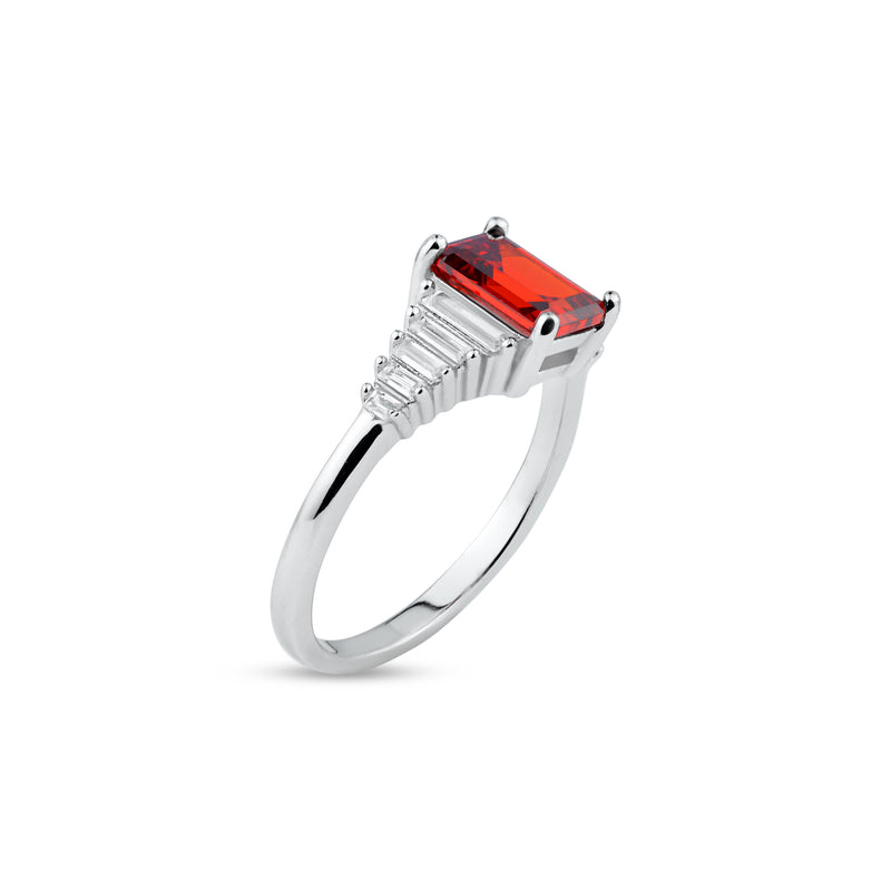 Rhodium Plated 925 Sterling Silver Square Clearn and Red CZ Ring - BGR01358