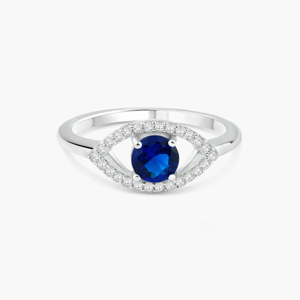 Rhodium Plated 925 Sterling Silver Open Evil Eye Ring with Blue Center Stones - BGR01360 | Silver Palace Inc.