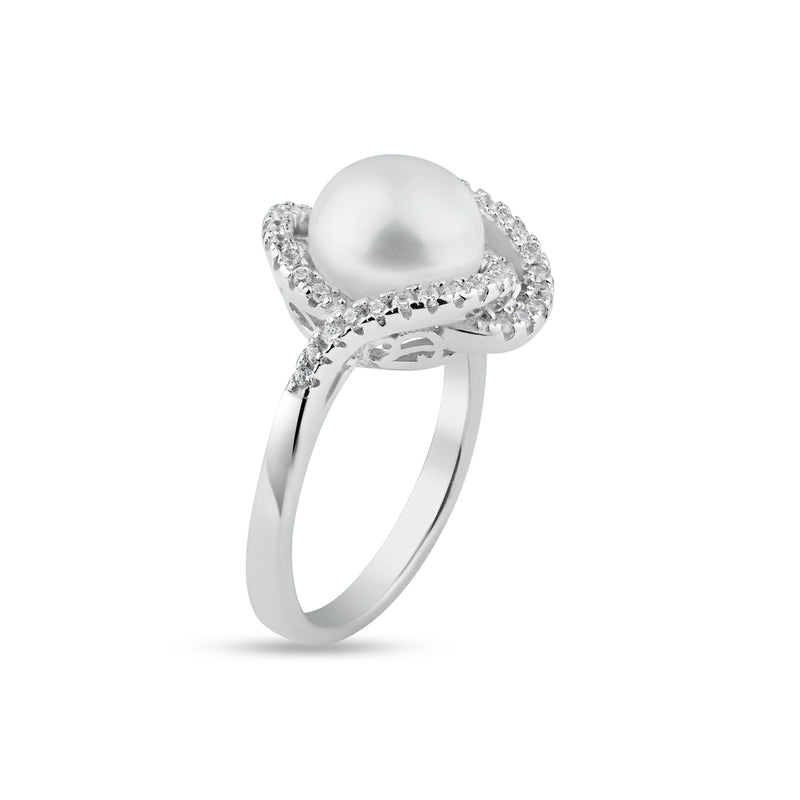 Rhodium Plated 925 Sterling Silver White Pearl and Clear CZ Ring - BGR01363