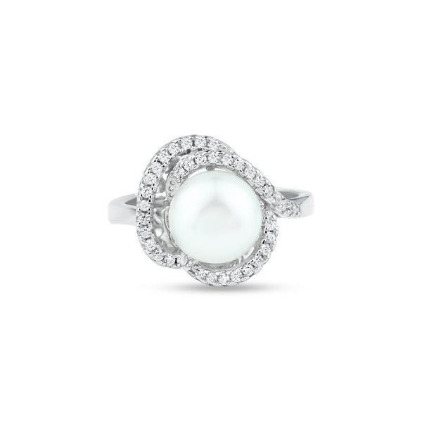 Rhodium Plated 925 Sterling Silver White Pearl and Clear CZ Ring - BGR01363 | Silver Palace Inc.