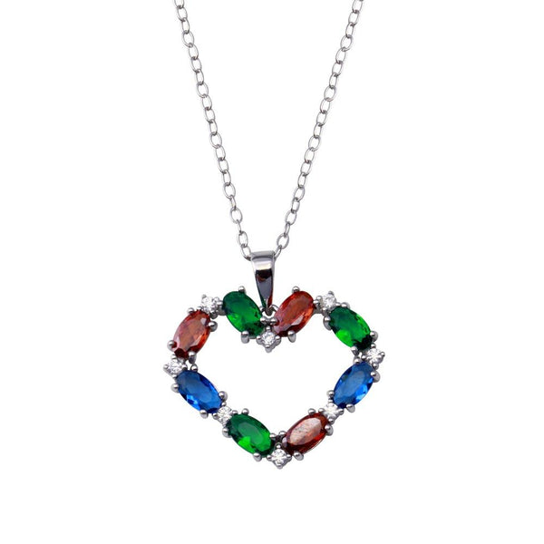 Rhodium Plated 925 Sterling Silver Heart Baguette Necklace - BGP01442 | Silver Palace Inc.