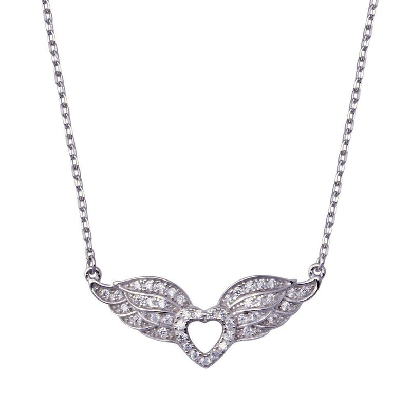 Rhodium Plated 925 Sterling Silver Heart Wings Adjustable Necklace - BGP01444 | Silver Palace Inc.
