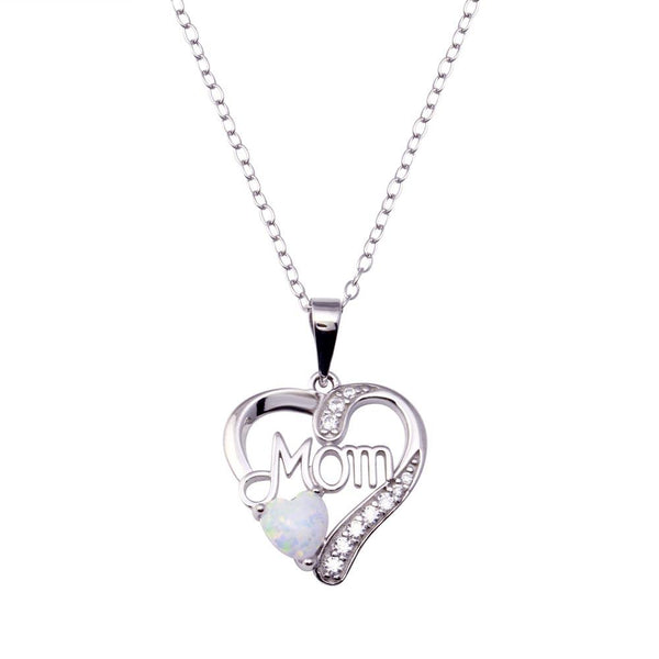 Rhodium Plated 925 Sterling Silver Mom Heart Opal Adjustable Necklace - BGP01445 | Silver Palace Inc.