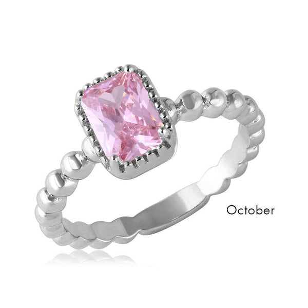 October Sterling Silver 925 Rhodium Plated Beaded Shank Square Center Birthstone Ring - BGR01081OCT | Silver Palace Inc.