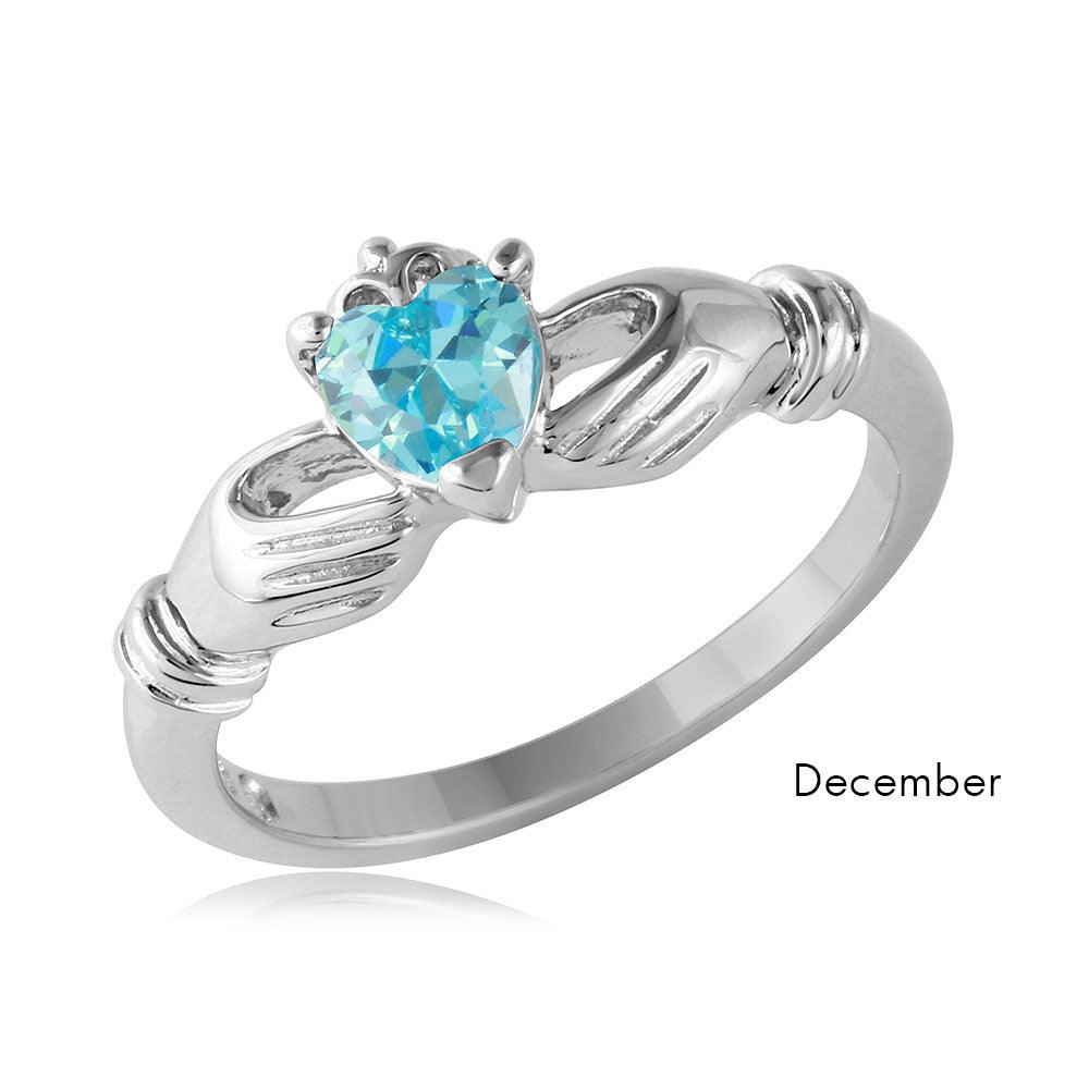 December Sterling Silver 925 Rhodium Plated CZ Center Birthstone Claddagh Ring - BGR01083DEC | Silver Palace Inc.