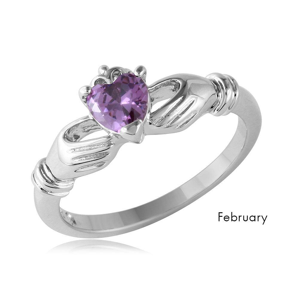 February Sterling Silver 925 Rhodium Plated CZ Center Birthstone Claddagh Ring - BGR01083FEB | Silver Palace Inc.
