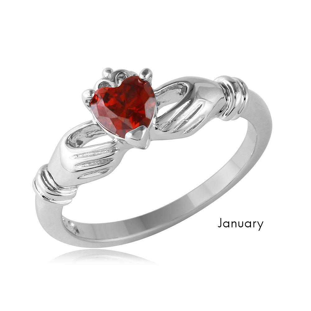 January Sterling Silver 925 Rhodium Plated CZ Center Birthstone Claddagh Ring - BGR01083JAN | Silver Palace Inc.