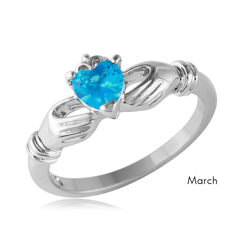 March Sterling Silver 925 Rhodium Plated CZ Center Birthstone Claddagh Ring - BGR01083MAR | Silver Palace Inc.