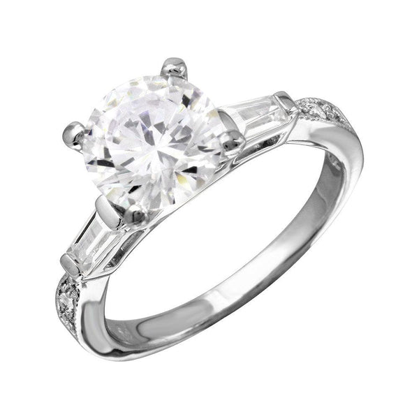 Silver 925 Rhodium Plated Round Center Baguette Shank CZ Stone Bridal Ring - BGR01094 | Silver Palace Inc.