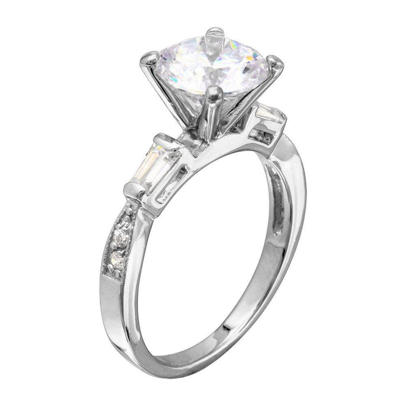 Rhodium Plated 925 Sterling Silver Round Center Baguette Shank CZ Stone Bridal Ring - BGR01094