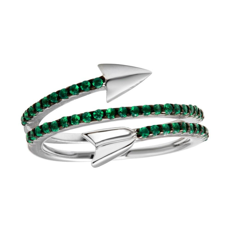 Silver 925 Rhodium Plated Wrap Arrow Green CZ Ring - BGR01189GREEN | Silver Palace Inc.
