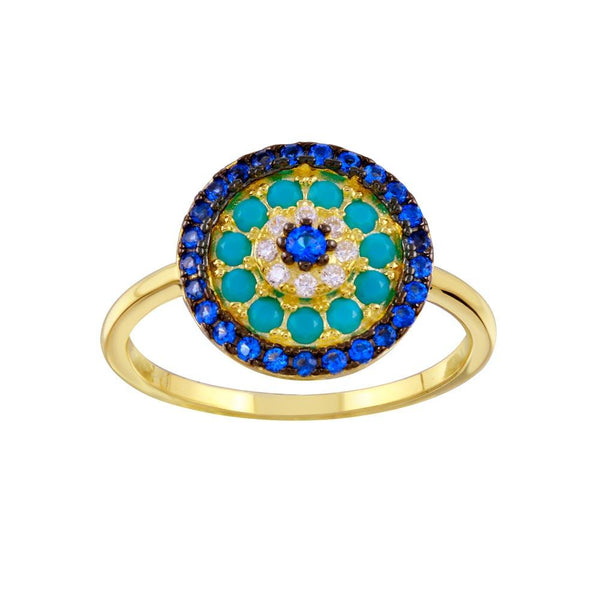 Silver 925 Gold Plated Turquoise Blue Clear CZ Round Evil Eye Ring - BGR01336 | Silver Palace Inc.