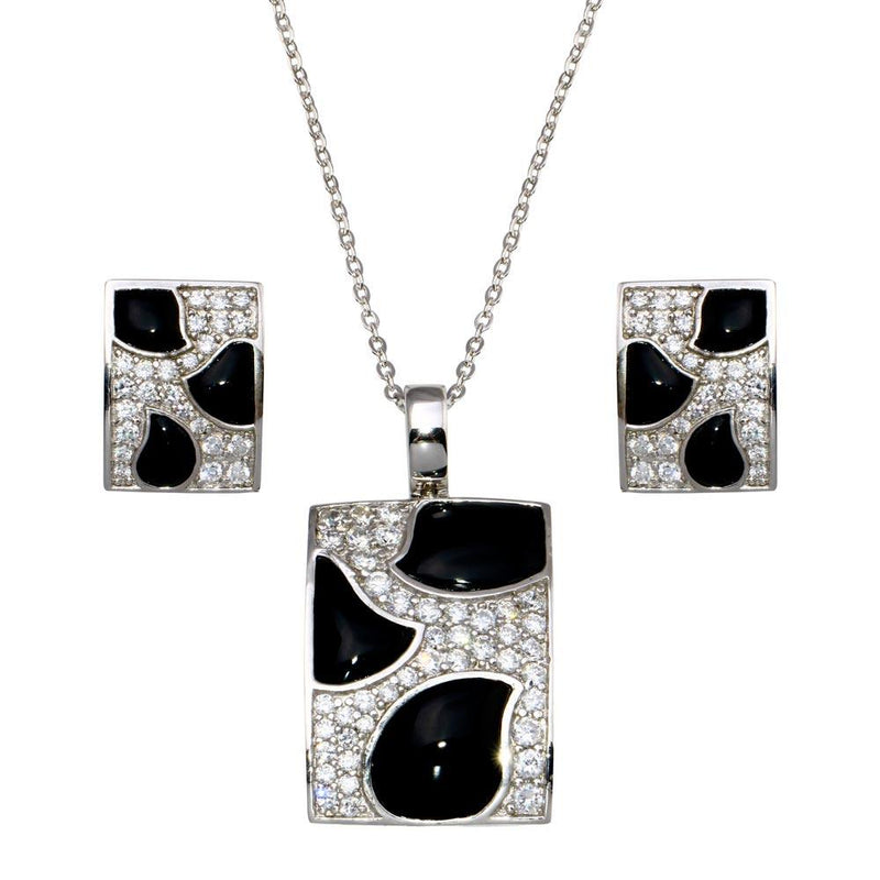 Closeout-Silver 925 Rhodium Plated Square Black Onyx Pave Set Clear CZ Stud Earring and Dangling Necklace Set - BGS00076 | Silver Palace Inc.