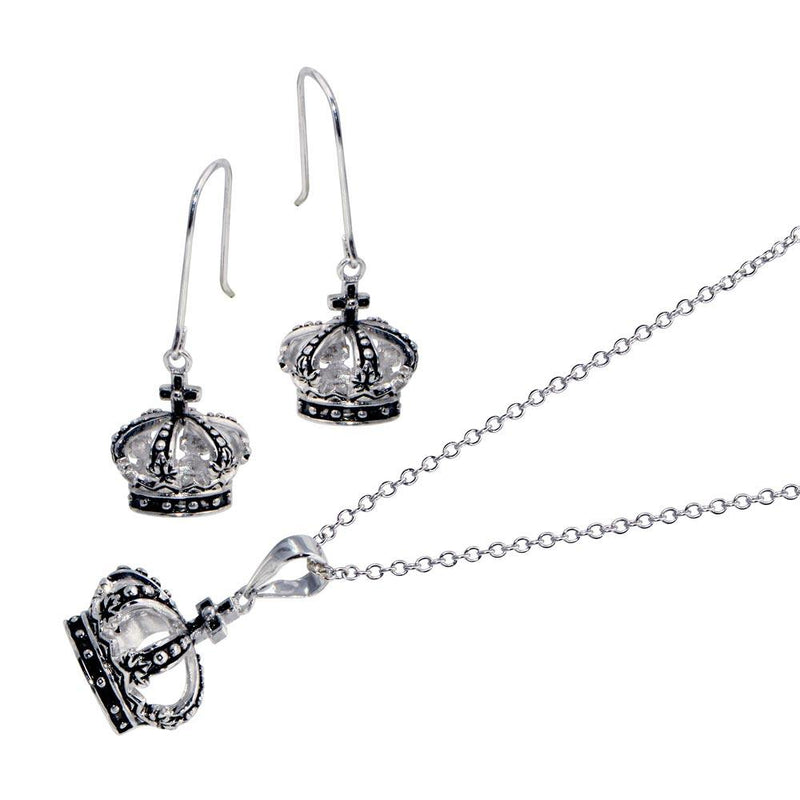 Closeout-Silver 925 Oxidized Rhodium Plated Crown Hook Earring and Dangling Necklace Set - BGS00010 | Silver Palace Inc.