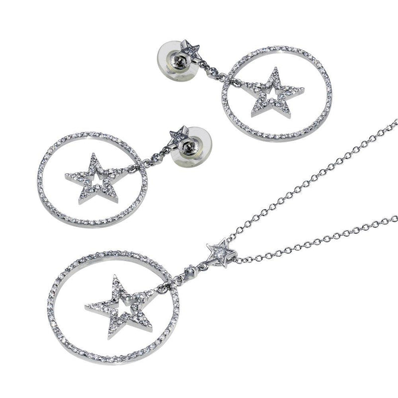 Closeout-Silver 925 Rhodium Plated Clear Open Circle Star CZ Dangling Stud Earring and Dangling Necklace Set - BGS00012 | Silver Palace Inc.