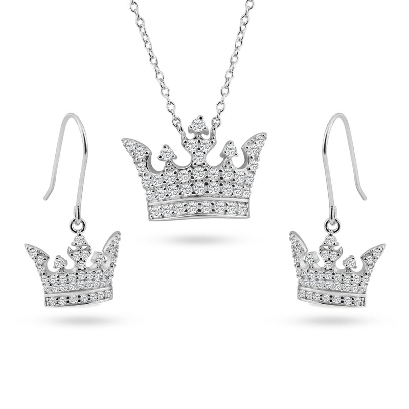 Silver 925 Rhodium Plated Clear Crown CZ Hook Earring and Necklace Set - BGS00016 | Silver Palace Inc.