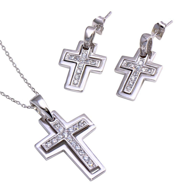 Silver 925 Rhodium Plated Clear Inlay Cross CZ Dangling Stud Earring and Dangling Necklace Set - BGS00025 | Silver Palace Inc.