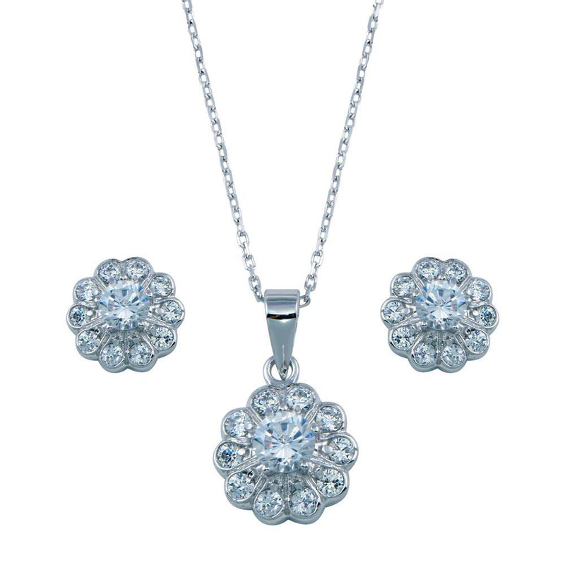 Silver 925 Rhodium Plated Clear Flower CZ Set - BGS00027 | Silver Palace Inc.