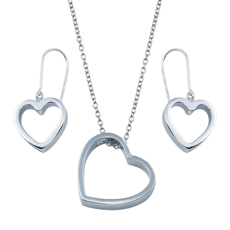 Rhodium Plated 925 Sterling Silver Open Heart Hook Earring and Necklace Set - BGS00035 | Silver Palace Inc.