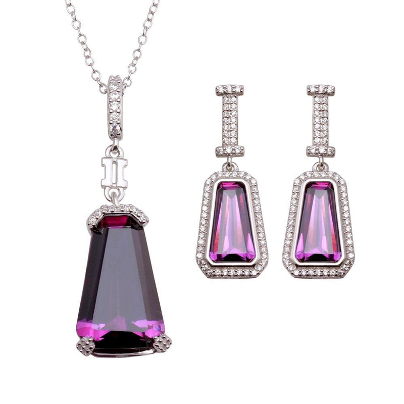 Silver 925 Rhodium Plated Large Purple CZ Stone Earring and Necklace Set - BGS00531 | Silver Palace Inc.