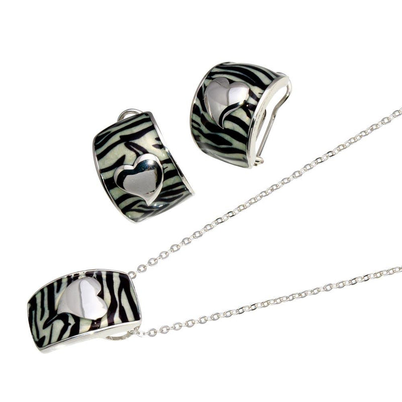 Closeout-Silver 925 Rhodium Plated Zebra Stripe Print Enamel Heart French Clip Earring and Necklace Set - BGS00061 | Silver Palace Inc.