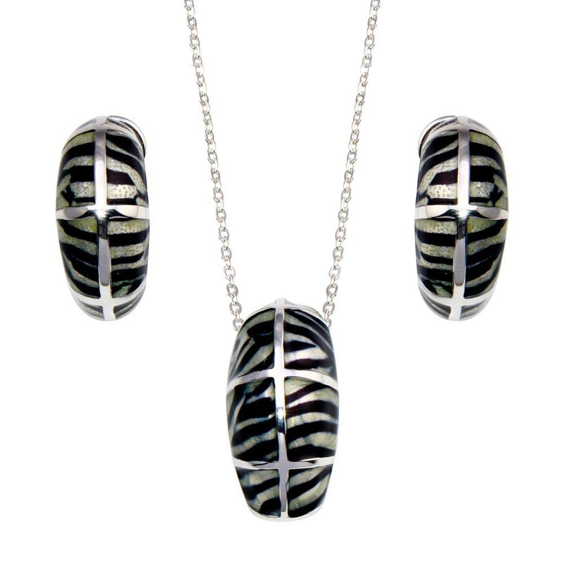 Closeout-Silver 925 Rhodium Plated Black Zebra Stripe Print French Clip Earring and Necklace Set - BGS00064 | Silver Palace Inc.