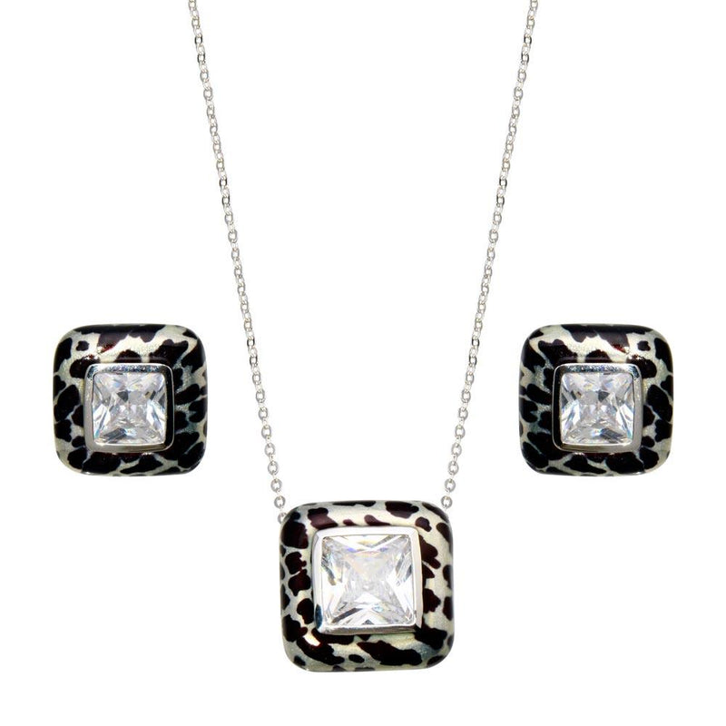 Closeout-Silver 925 Rhodium Plated Square Leopard Print Clear CZ Stud Earring and Necklace Set - BGS00073 | Silver Palace Inc.