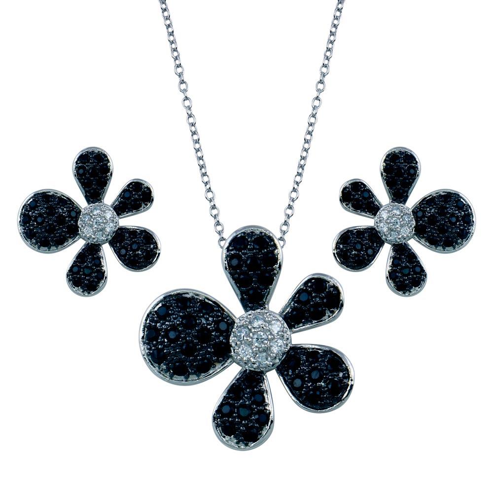 Rhodium and Black Rhodium Plated 925 Sterling Silver Black and Clear Pave  Flower CZ Set - BGS00079