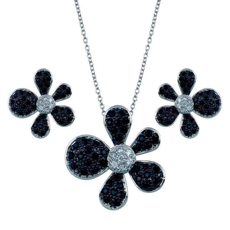 Silver 925 Rhodium and Black Rhodium Plated Black and Clear Pave Flower CZ Set - BGS00079 | Silver Palace Inc.