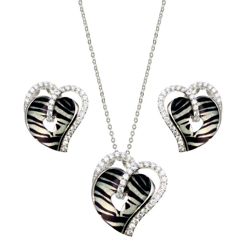 Closeout-Silver 925 Rhodium Plated Zebra Stripe Print Heart Clear CZ Stud Earring and Necklace Set - BGS00082 | Silver Palace Inc.