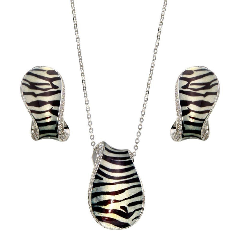Closeout-Silver 925 Rhodium Plated Zebra Stripe Print Folded Clear CZ Stud Earring and Necklace Set - BGS00084 | Silver Palace Inc.