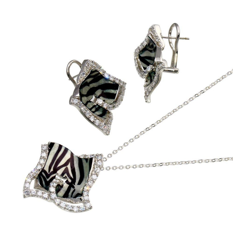 Closeout-Silver 925 Rhodium Plated Zebra Stripe Print Square Clear CZ French Clip Earring and Necklace Set - BGS00086 | Silver Palace Inc.