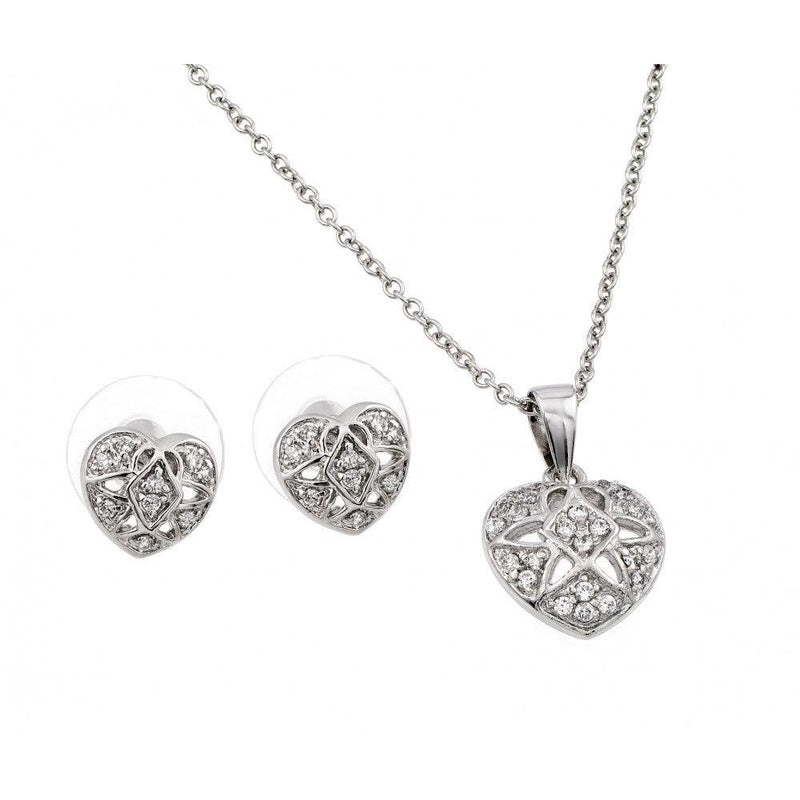 Silver 925 Rhodium Plated Clear Heart Flower Pave Set CZ Stud Earring and Necklace Set - BGS00099 | Silver Palace Inc.
