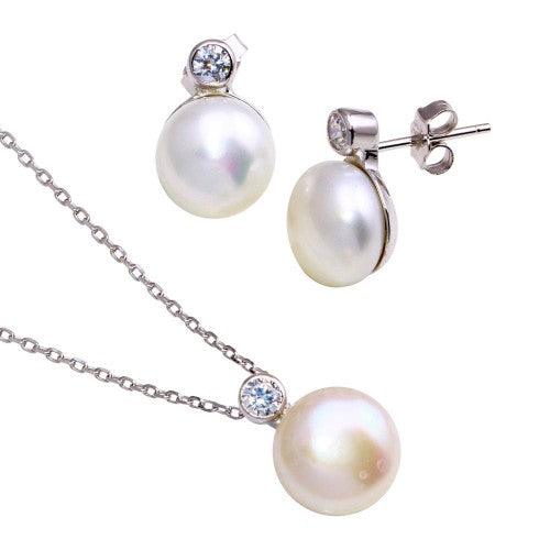 Silver 925 Rhodium Plated Fresh Water Pearl Clear CZ Set - BGS00102 | Silver Palace Inc.