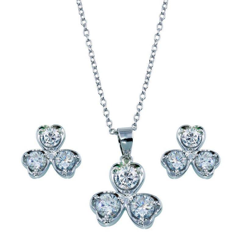 Rhodium Plated 925 Sterling Silver Clear Clover Leaf CZ Matching Set - BGS00104 | Silver Palace Inc.