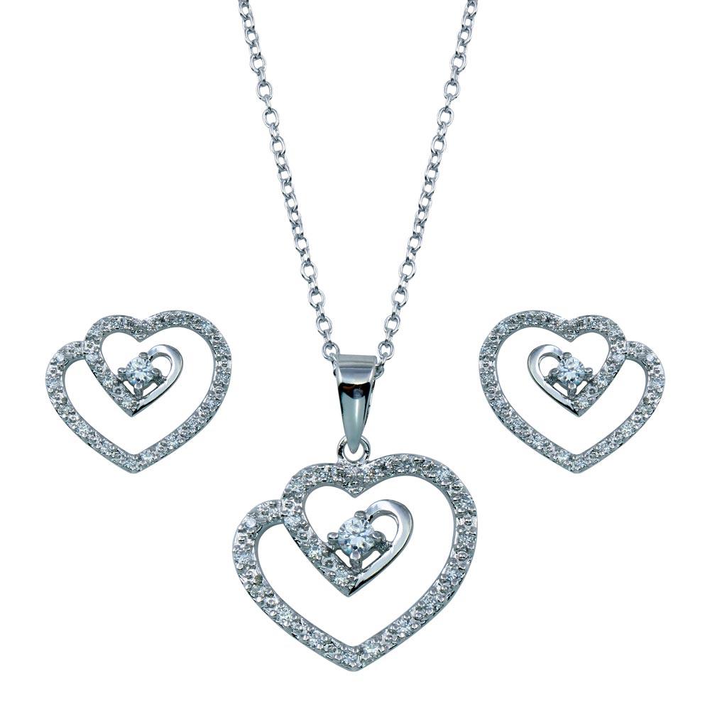 Rhodium Plated 925 Sterling Silver Swirl Open Heart Clear CZ Dangling Matching Set - BGS00106 | Silver Palace Inc.