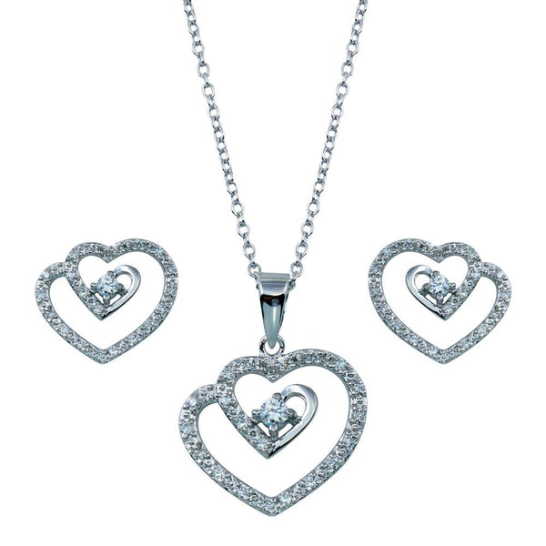 Rhodium Plated 925 Sterling Silver Swirl Open Heart Clear CZ Dangling Matching Set - BGS00106 | Silver Palace Inc.