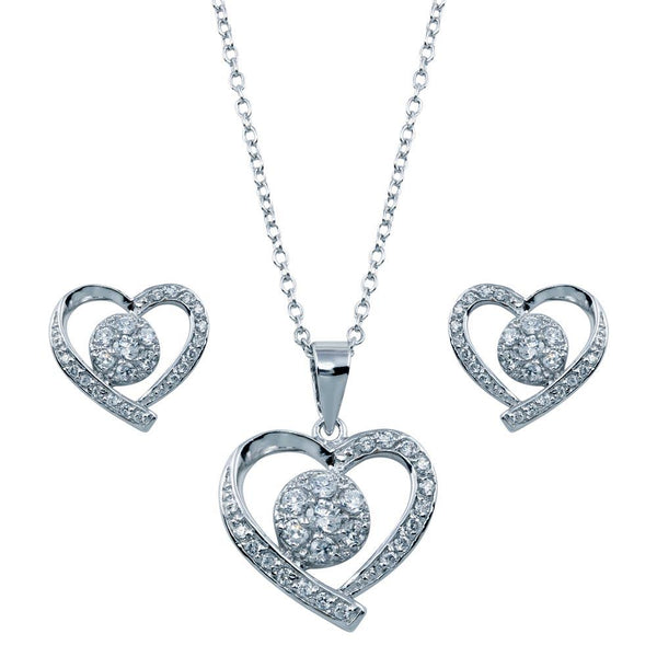 Silver 925 Rhodium Plated Open Heart Clear Outline CZ Matching Set - BGS00107 | Silver Palace Inc.