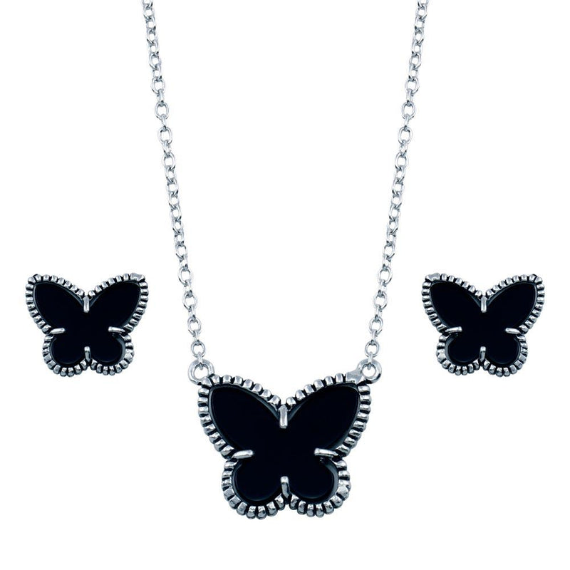Rhodium Plated 925 Sterling Silver Black Onyx Mini Butterfly Matching Set - BGS00111 | Silver Palace Inc.