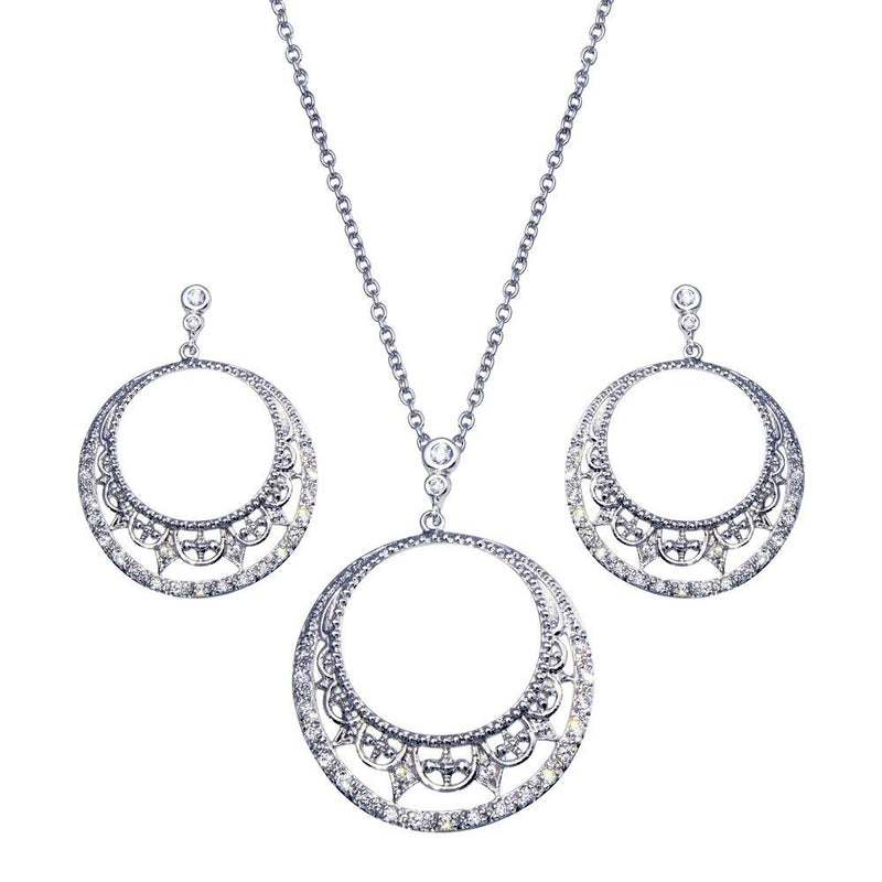 Closeout-Silver 925 Rhodium Plated Open Circle Crescent Clear CZ Dangling Set - BGS00117 | Silver Palace Inc.