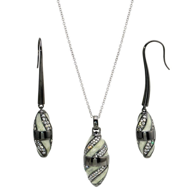 Closeout-Silver 925 Black Rhodium High Polish White Stone Clear Pave Set Oval Plated CZ Black Rope Earring and Necklace Set - BGS00132 | Silver Palace Inc.