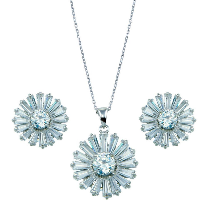 Rhodium Plated 925 Sterling Silver Clear Baguette Flower CZ Set - BGS00140 | Silver Palace Inc.