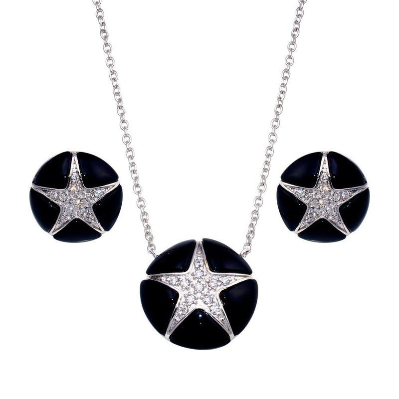 Closeout-Silver 925 Rhodium Plated Black Onyx Clear Star CZ Stud Earring and Necklace Set - BGS00142 | Silver Palace Inc.