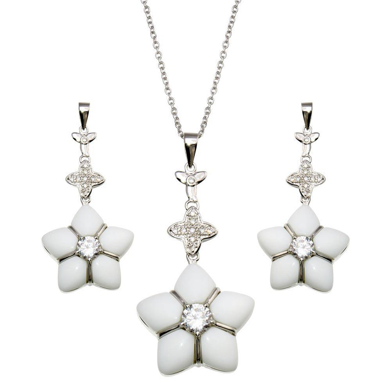 Closeout-Silver 925 Rhodium Plated White Onyx Clear Flower CZ Dangling Stud Earring and Necklace Set - BGS00150 | Silver Palace Inc.